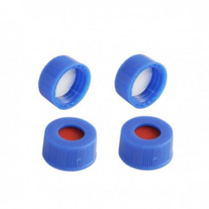 9-425 Blue PP Threaded 9mm Cap w/Bonded PTFE/Red Rubber Septum (100/pk)