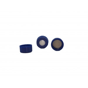 9-425 Blue Ribbed Threaded Cap w/Bonded Natural PTFE/White Silicone Septum (100/pk)