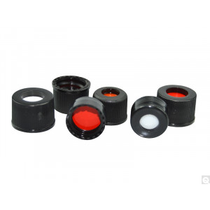8-425mm Black Cap w/Installed Red PTFE/Silicone Septum {FOR USE} w/Narrow Opening 8mm Threaded Vials (100/pk)