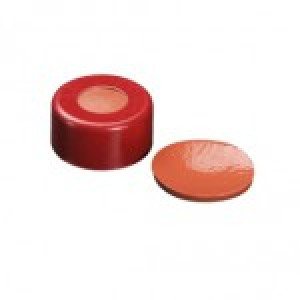 ST1603 .040" (1MM) THICK, CLEAR PTFE/ORANGE SILICONE INSERTED INTO 11MM RED ALUMINUM CRIMP CAP/PKS OF 100