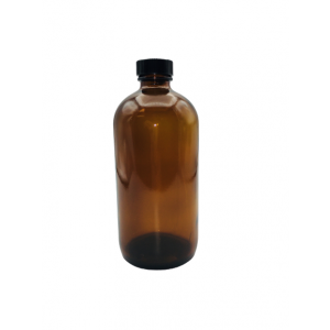 16oz Amber Boston Round Assembled w/28-400 Black Phenolic Poly Cone Lined Cap (12/cs)