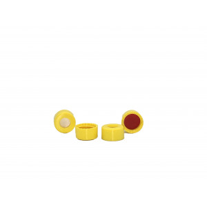 9MM YELLOW SMOOTH SCREW CAP w/ ST2500 .040" (1MM) THICK, RED PTFE / WHITE EASY PIERCE SILICONE  100pk