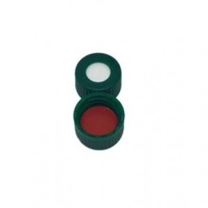 9-425 Green PP Ribbed Threaded Cap w/Bonded 0.040" thick Red PTFE/White Silicone Septum (100/pk)