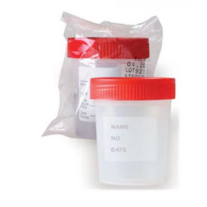Specimen Container, 4oz, with 1/4-Turn Red Screwcap and Tri-Lingual ID Label, STERILE, PP, Individually Wrapped, Graduated, 100/Unit