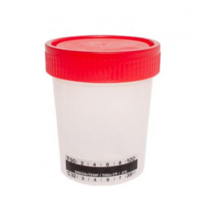 Specimen Container, 4oz, with Attached Thermometer Strip, Separate 1/4-Turn Red Screwcap, Non-Sterile, PP, Graduated, Bulk, 500/Unit