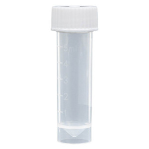 Transport Tube, 5mL, with Attached White Screw Cap, STERILE, PP, Conical Bottom, Self-Standing, Molded Graduations, 25/Bag, 20 Bags/Unit