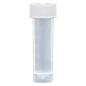 Transport Tube, 5mL, with Attached White Screw Cap, PP, Conical Bottom, Self-Standing, Molded Graduations, 1000/Unit