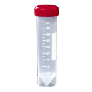 Transport Tube, 50mL, with Separate Red Screw Cap, PP, Printed Graduations, Conical Bottom, Self-Standing, 500/Unit