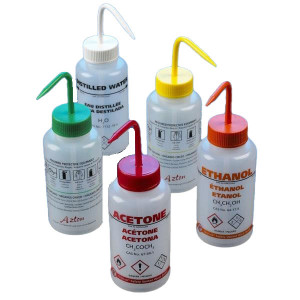 Wash Bottle, Acetone, 500mL, LDPE, Multi-Lingual, Safety Vented, RED Screwcap, 5/Unit