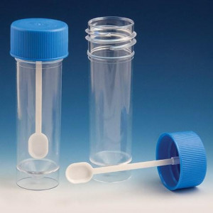 Container, Fecal, 30mL, Attached Screwcap with Spoon, PS, Conical Bottom, Self-Standing, 100/Bag, 5 Bags/Unit