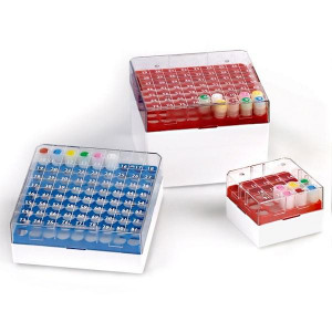 BioBOX 81, for 3.0mL, 4.0mL and 5.0mL CryoCLEAR vials, Polycarbonate (PC), Holds 81 vials (9x9 format), Printed Lid, Pack Includes a CryoClear Tube Picker, BLUE, 4/Unit