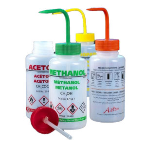 Wash Bottle, Methanol, 500mL, LDPE, Multi-Lingual, Safety Vented, GREEN Screwcap, 5/Unit