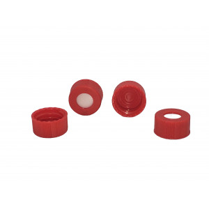9-425 Red PP Ribbed Threaded Cap w/Bonded 0.040" thick Red PTFE/White Silicone Septum (100/pk)