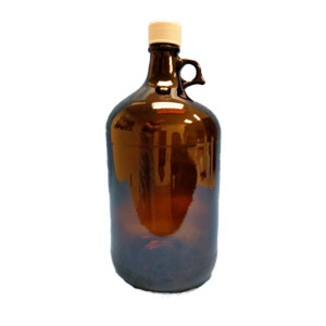 128oz Amber Ring Handled Jug Assembled w/38-439 White PP PTFE Lined Cap, Certified (6/cs)