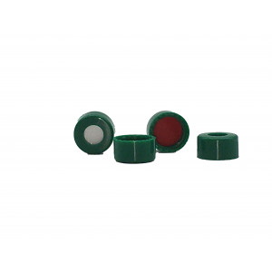 9MM GREEN SMOOTH SCREW CAP w/ ST2500 .040" (1MM) THICK, RED PTFE / WHITE EASY PIERCE SILICONE  100pk