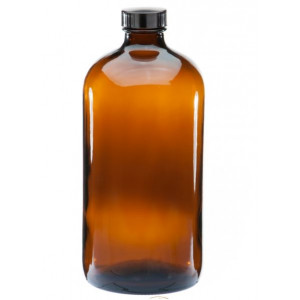 05-32BRPC201 // 32oz Amber Boston Round Assembled w/33-400 Black Phenolic Poly Cone Lined Cap (20/cs)