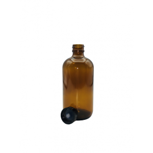 8oz Amber Boston Round Assembled w/24-400 Black Phenolic Poly Cone Lined Cap (12/cs)