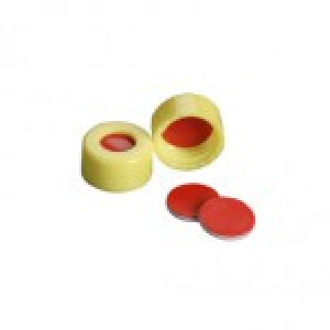 ST535DF .040" (1MM) Thick Red PTFE / White Silicone / Red PTFE inserted into a Yellow 9mm ribbed screw cap (100/pk)