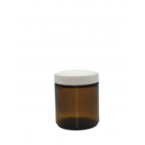 4oz Amber Straight Sided Short Jar,58-400 PTFE Lined PP Cap ,Certified, Bar Coded w/ labels (24/cs)
