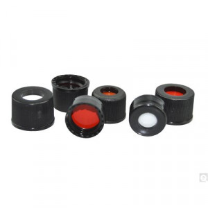 8-425 Black PP open top cap w/Flange w/ Red PTFE/White Silicone Preslit Septa (100pk)