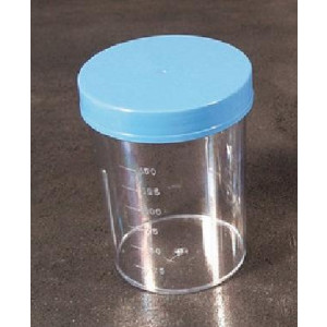 Specimen Container, 6.5oz. (200mL), 64 x 85mm, with Attached Light Blue Screwcap, PS, Graduated  ** Special Order Item **, 500/Unit
