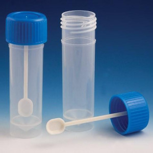Container, Fecal, 30mL, Attached Screw Cap with Spoon, PP, Conical Bottom, Self-Standing, 100/Bag, 5 Bags/Unit