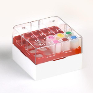 ** New Design ** BioBOX 25, for 1.0mL and 2.0mL CryoCLEAR vials, Polycarbonate (PC), Holds 25 vials (9x9 format), Printed Lid, Pack Includes a CryoClear Tube Picker, RED, 8/Unit