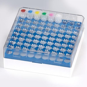 ** New Design ** BioBOX 81, for 1.0mL and 2.0mL CryoCLEAR vials, Polycarbonate (PC), Holds 81 vials (9x9 format), Printed Lid, Pack Includes a CryoClear Tube Picker, BLUE, 5/Unit