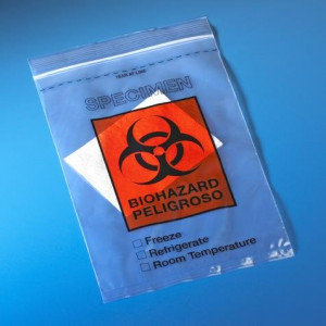 Bag, Biohazard Specimen Transport, 6" x 10", Ziplock with Score Line, Document Pouch and Absorbent Pad, 100/Pack, 5 Packs/Unit