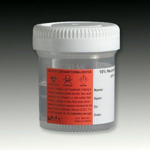 Pre-Filled Container: Tite-Rite, 60mL (2oz), PP, Filled with 30mL of 10% Neutral Buffered Formalin, Attached Hazard Label, 100/Unit