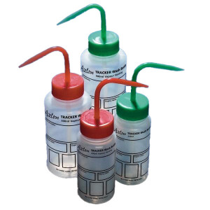 Wash Bottle, Tracker, 500mL, LDPE, Write-On-Panel, Safety Vented, RED Screwcap, 5/Unit