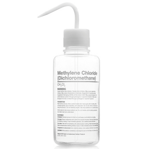 Wash Bottle, Methylene Chloride, 500mL, GHS, FEP, Vented, WHITE Screwcap, 4/Unit